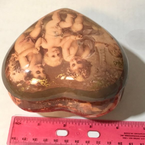 Vintage Ceramic Heart Trinket Box Jewelry Victorian Cherub Children Roses Padded - Picture 11 of 12